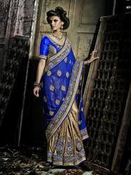 Beige And Blue Color Georgette Jacquard Fabric Designer Saree