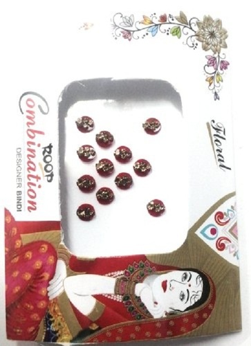 Red Womens Round Velvet Stylish Fancy Bindis With Golden Stone For Party Wear
